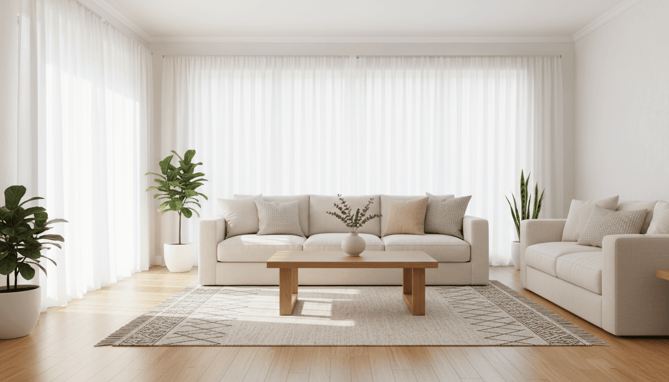 Bright, spotless living room with sunlight streaming through windows