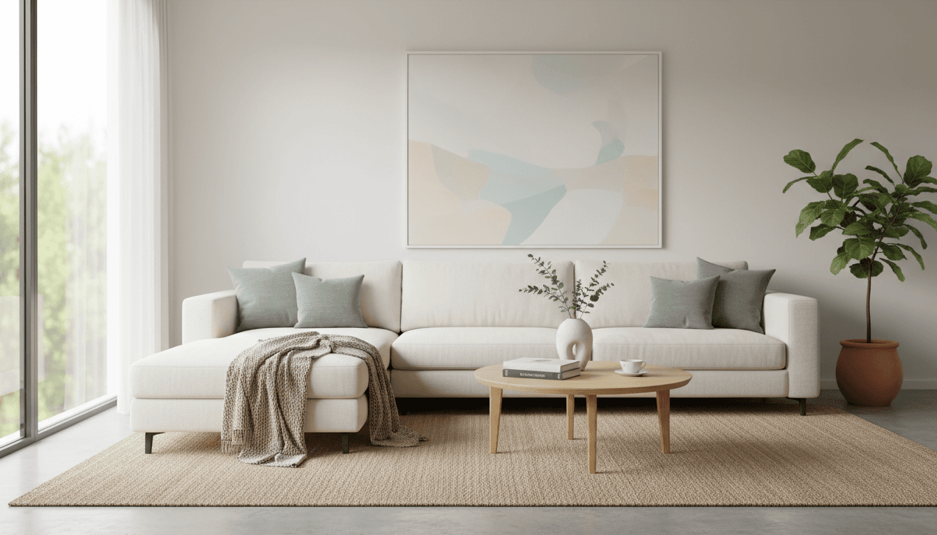 Tidy living room with clean surfaces and organized shelves