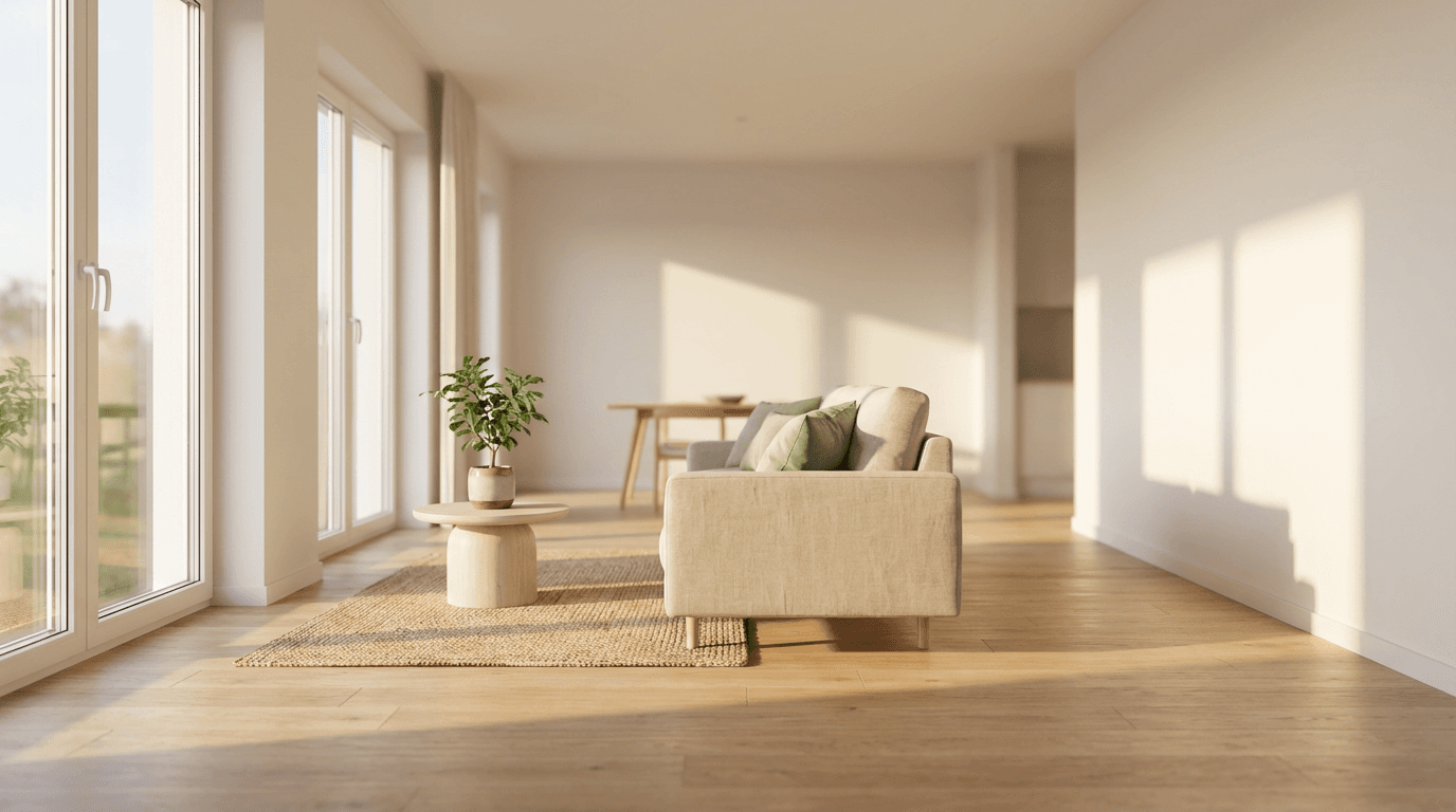 Professional cleaner wiping a coffee table in a bright living room