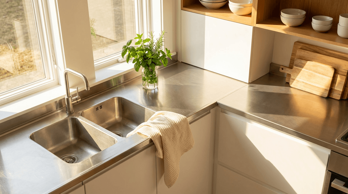 Cleaner wiping a kitchen countertop in a bright Philadelphia home
