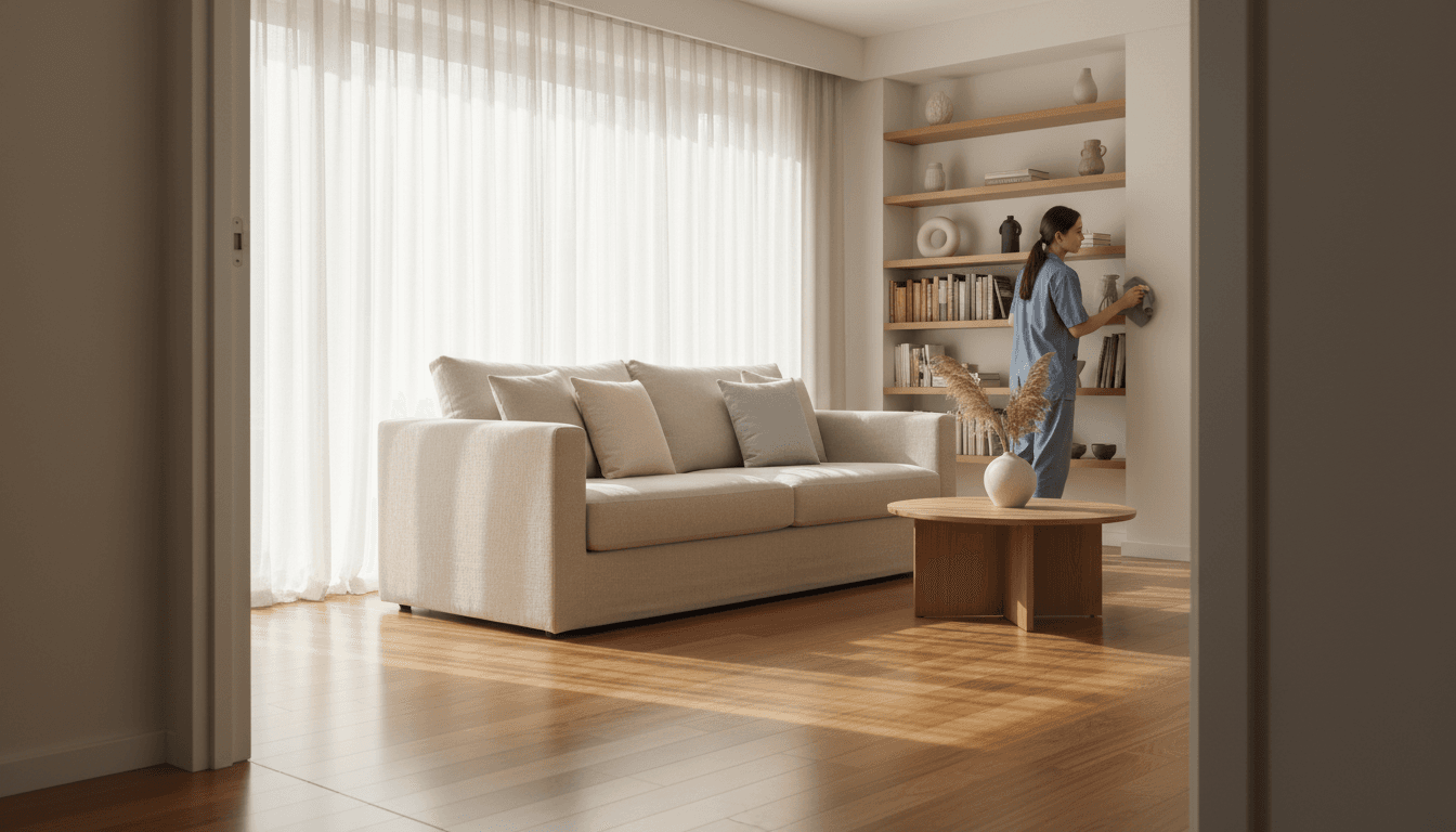 Bright, organized living room in a Philadelphia home after professional cleaning