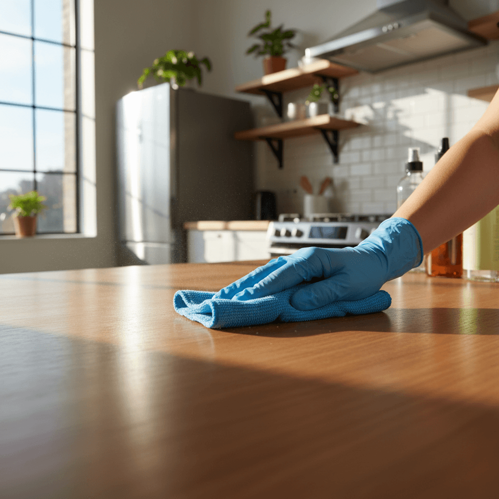 Cleaner scrubbing a stove top grout with a small brush in a kitchen