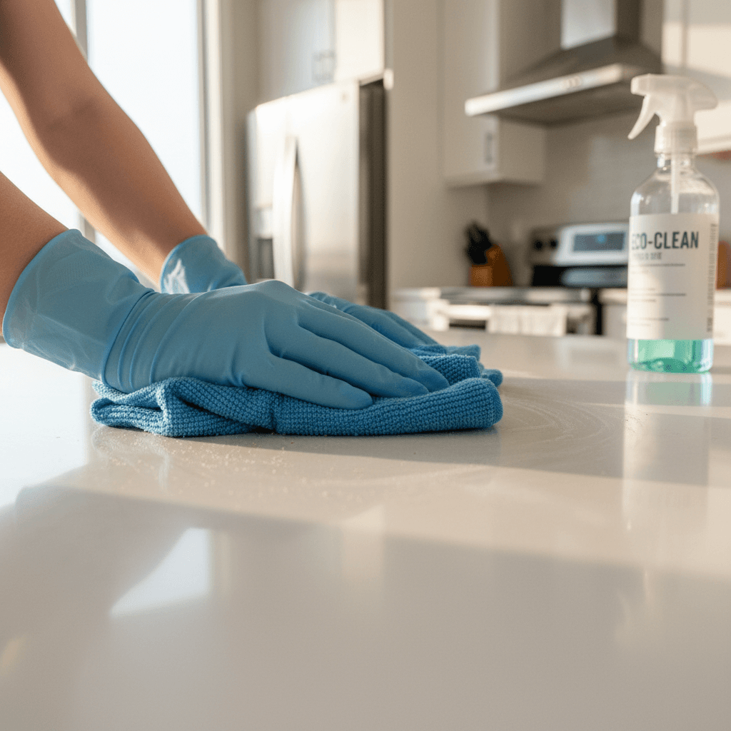 Gloved hand with a clipboard checklist on a clean kitchen counter